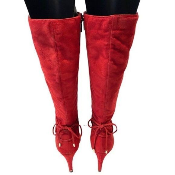 Women Sexy Red Pointed Toe Medium Heels Knee Boots Booties Gabrielle Shoes - Picture 4 of 10
